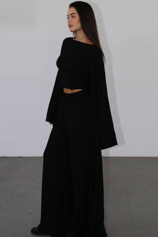 Solide Strickfließender Langarm-Morgenmantel Dreiteiliges Set