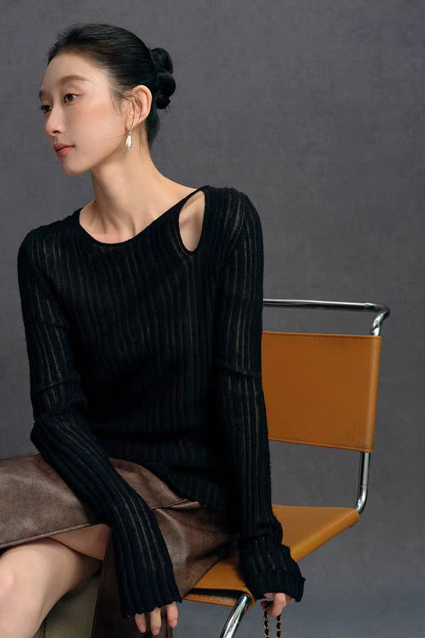 Yaohua Xiyan French Elegant Wool Openwork Ribbed Knit Top