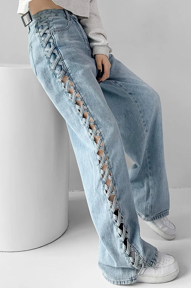 Side Braided Cutout Wide Leg Jeans