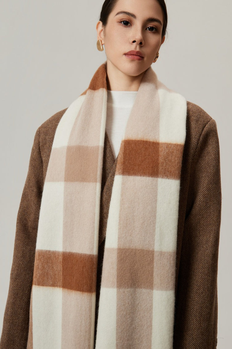 100% Wool Plaid Fringed Minimalist Scarf