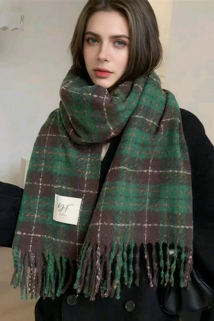 Plaid Fringe Thermal Knit Scarf