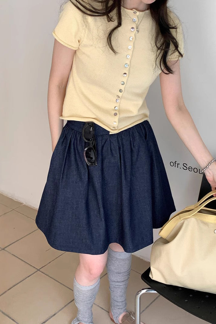 Retro modrá džínová minisukně s vysokým pasem a áčkovým střihem