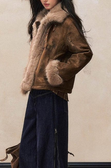 Abrigo de mezcla de lana con ribete de piel sintética marrón