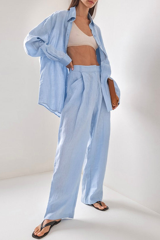 Linen Loose Long Sleeve Pants Two Piece Set