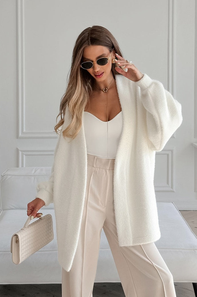 Cardigan blanc flou mi-long à taille nouée et coupe décontractée