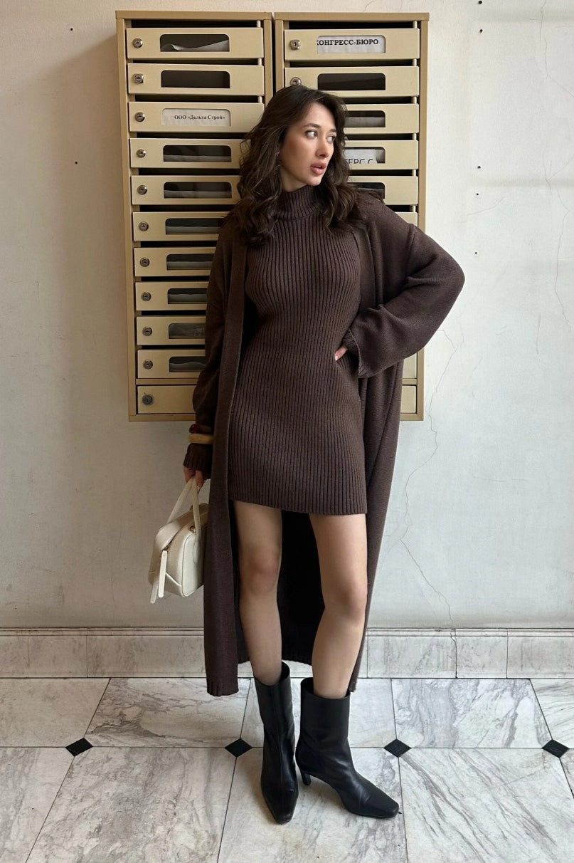 Knit Tank Dress Fitted Long Cardigan Two Piece Set