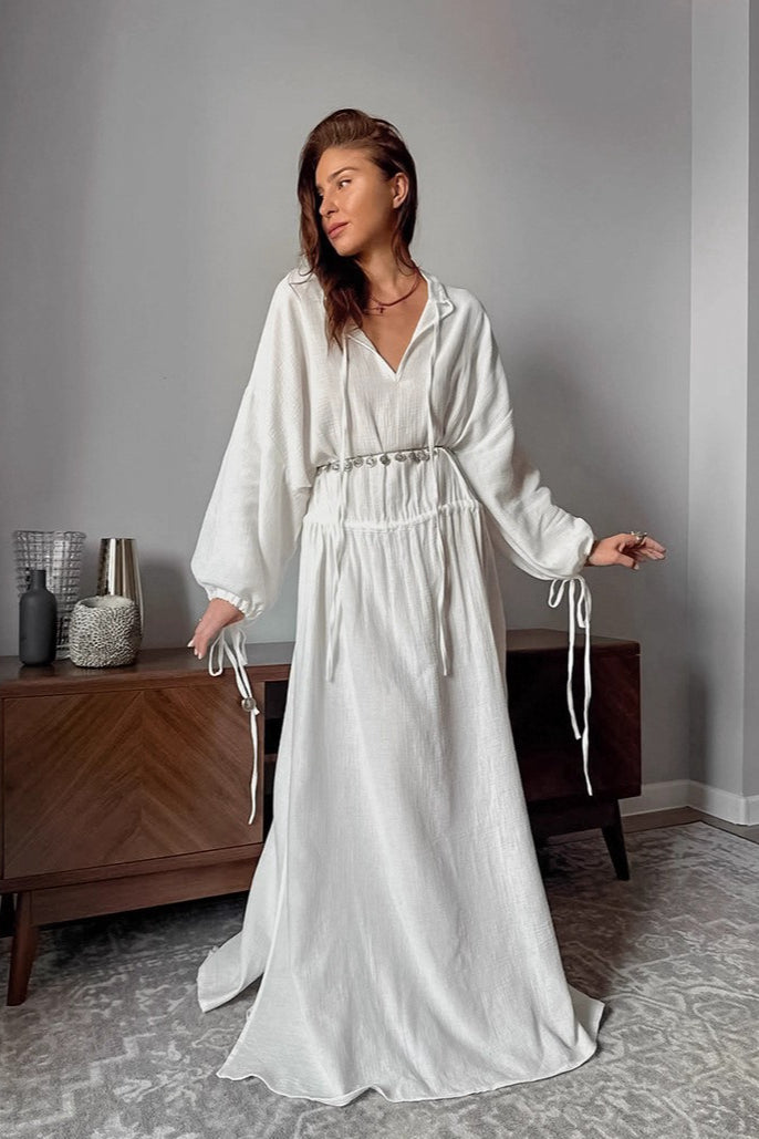 Cotton Cutout Tie Waist Long Sleeve Maxi Dress