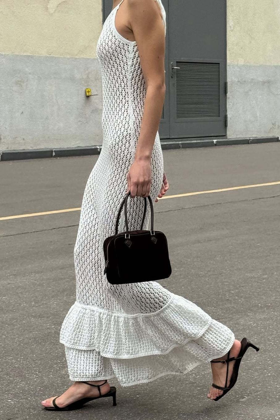 Vestido largo de punto con volantes bohemio, sexy, con recortes y tirantes transparentes