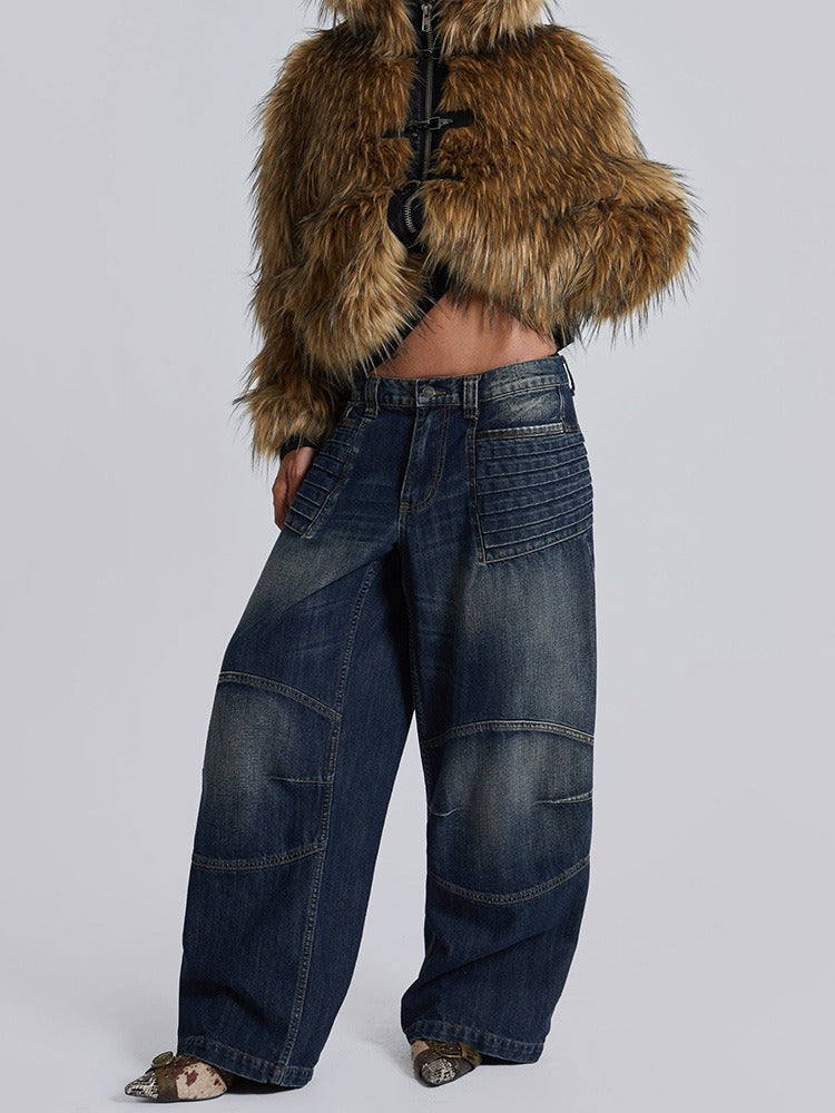 Manteau ample avec bouton métallique, fermeture éclair, fourrure et panneau en cuir