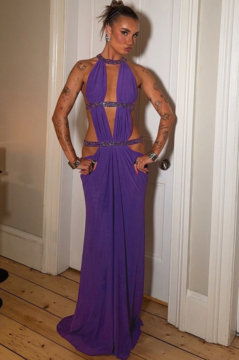 Elegantes sexy Maxikleid mit Ausschnitten, strassbesetzt und rückenfrei