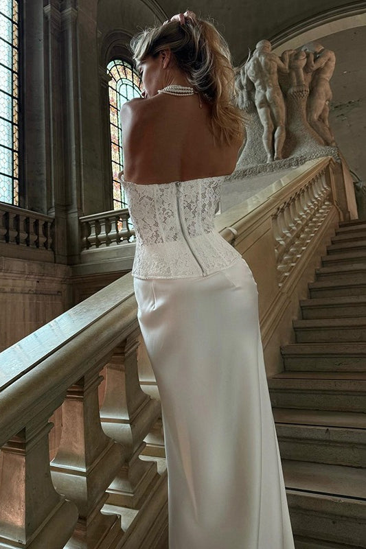 Robe longue moulante unie sans bretelles en dentelle ancienne avec baleines