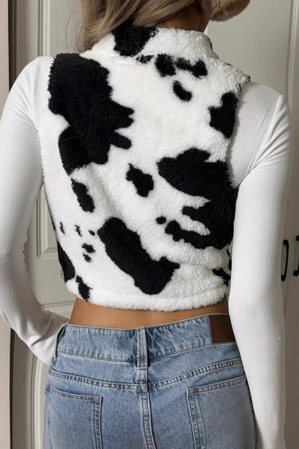Kuhflecken Reißverschluss Flauschige Ärmellose Weste