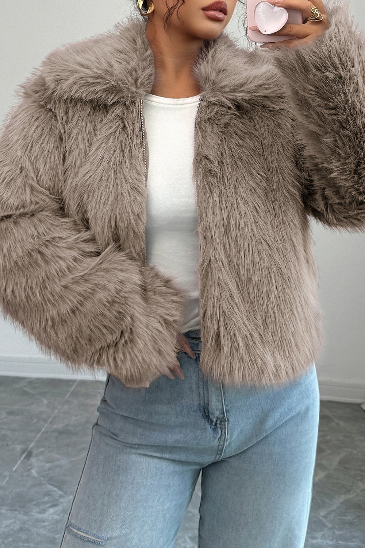 Manteau long élégant à manches longues en peluche