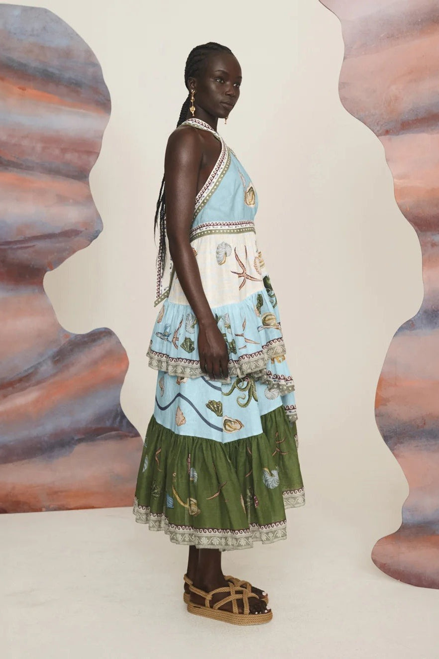 Volnočasové módní lněné midi šaty s tenkými ramínky a vícevrstvým střihem