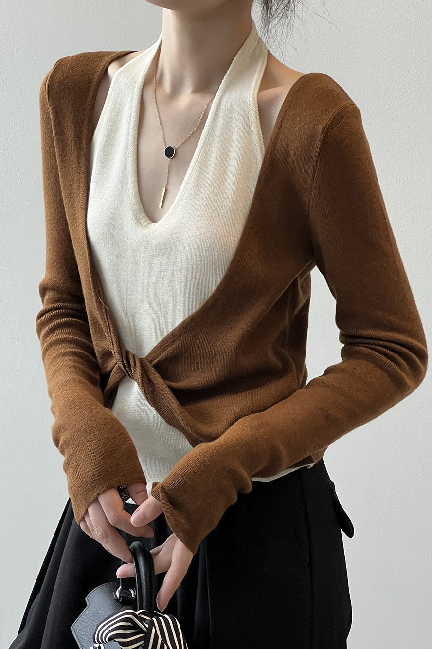 Dlouhé tričko s vrstveným patchworkovým halterem a dlouhým rukávem