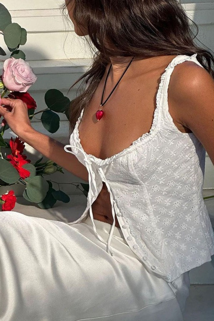 Cami Jacquard Lace Floral Button Tank Top