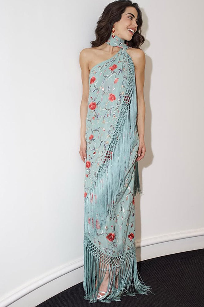 Bedrucktes ärmelloses, rückenfreies Kleid mit Quasten und Blumenmuster