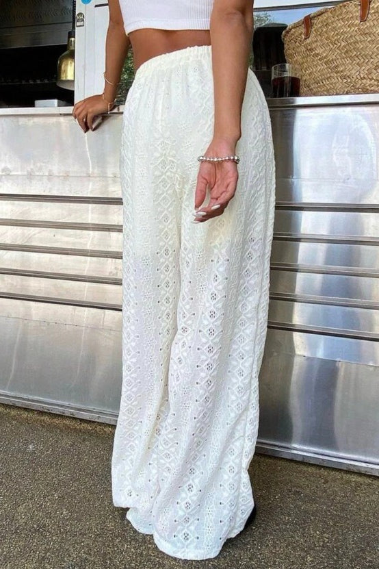 Solid Cutout Embroidered Elastic Waist Pants