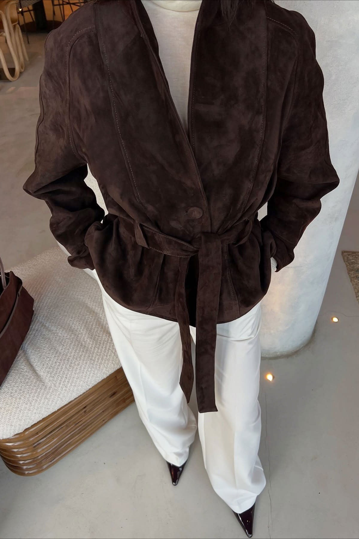 Giacca vintage in pelle scamosciata a maniche lunghe