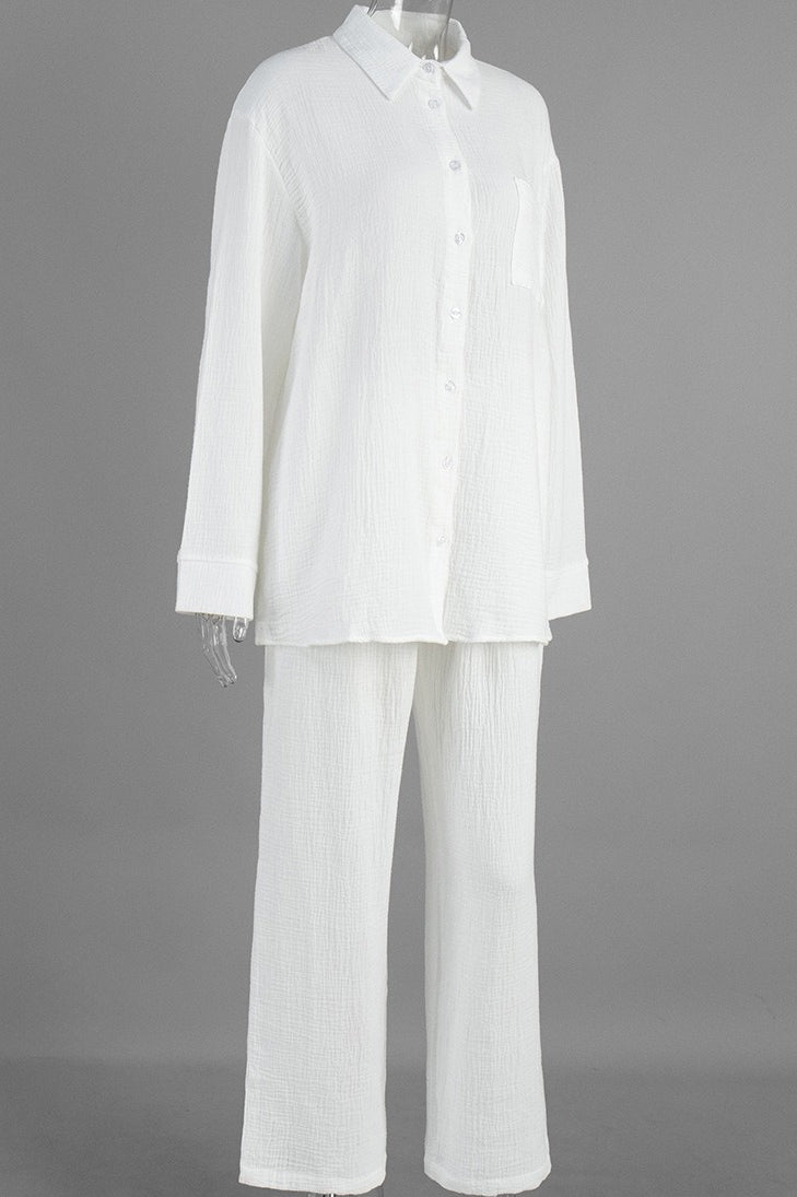 Solid Cotton Wrinkled Shirt Pants Two Piece Set