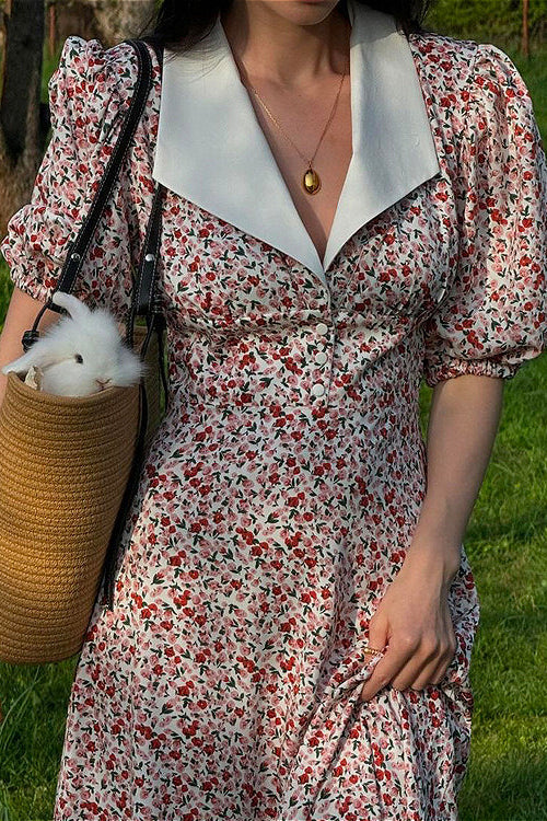 Maxikleid mit Puffärmeln, Digitaldruck, Peter-Pan-Kragen und hoher Taille, floral