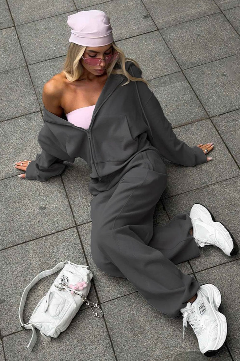 Zipper Hoodie Long Sleeve Wide Leg Pants Two Piece Set