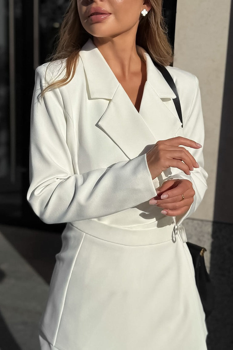 White Tailored Wrap Waist A Line Elegant Mini Dress