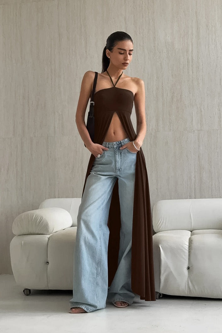 Vielseitige fließende Bluse mit Schlitz und schmalem Schnitt