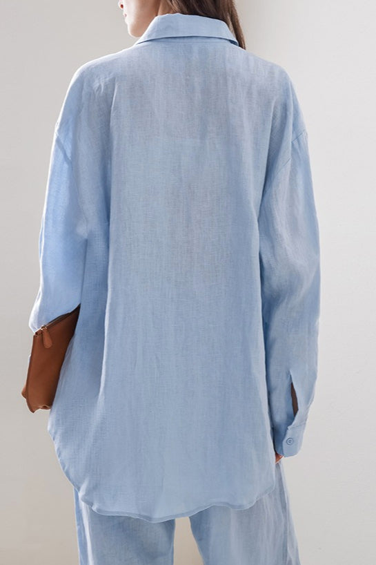 Leinen Lockeres Langarm-Hosen Zweiteiler-Set