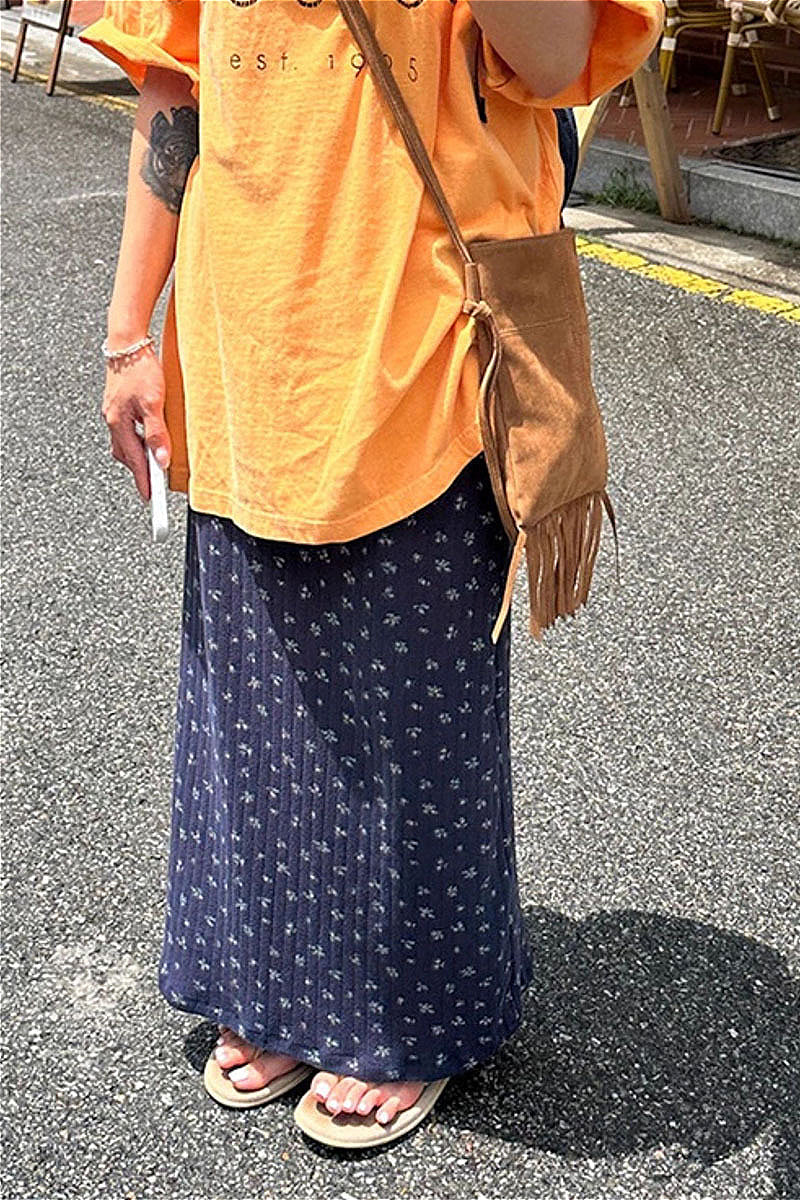 Drawstring Floral Print Navy Casual Skirt