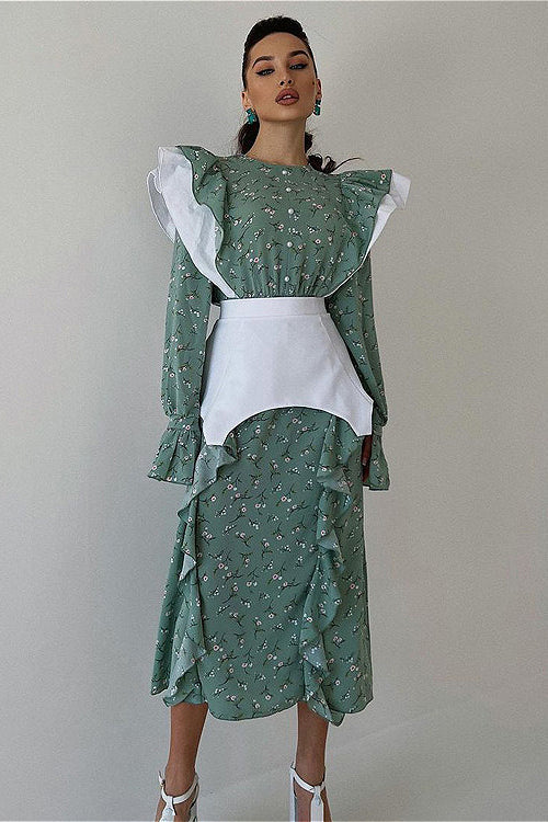 Removable Belt Long Sleeve Casual Floral Dress