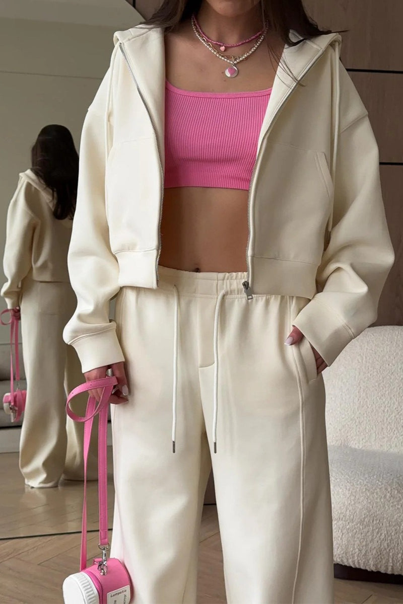 Zipper Hoodie Long Sleeve Wide Leg Pants Two Piece Set