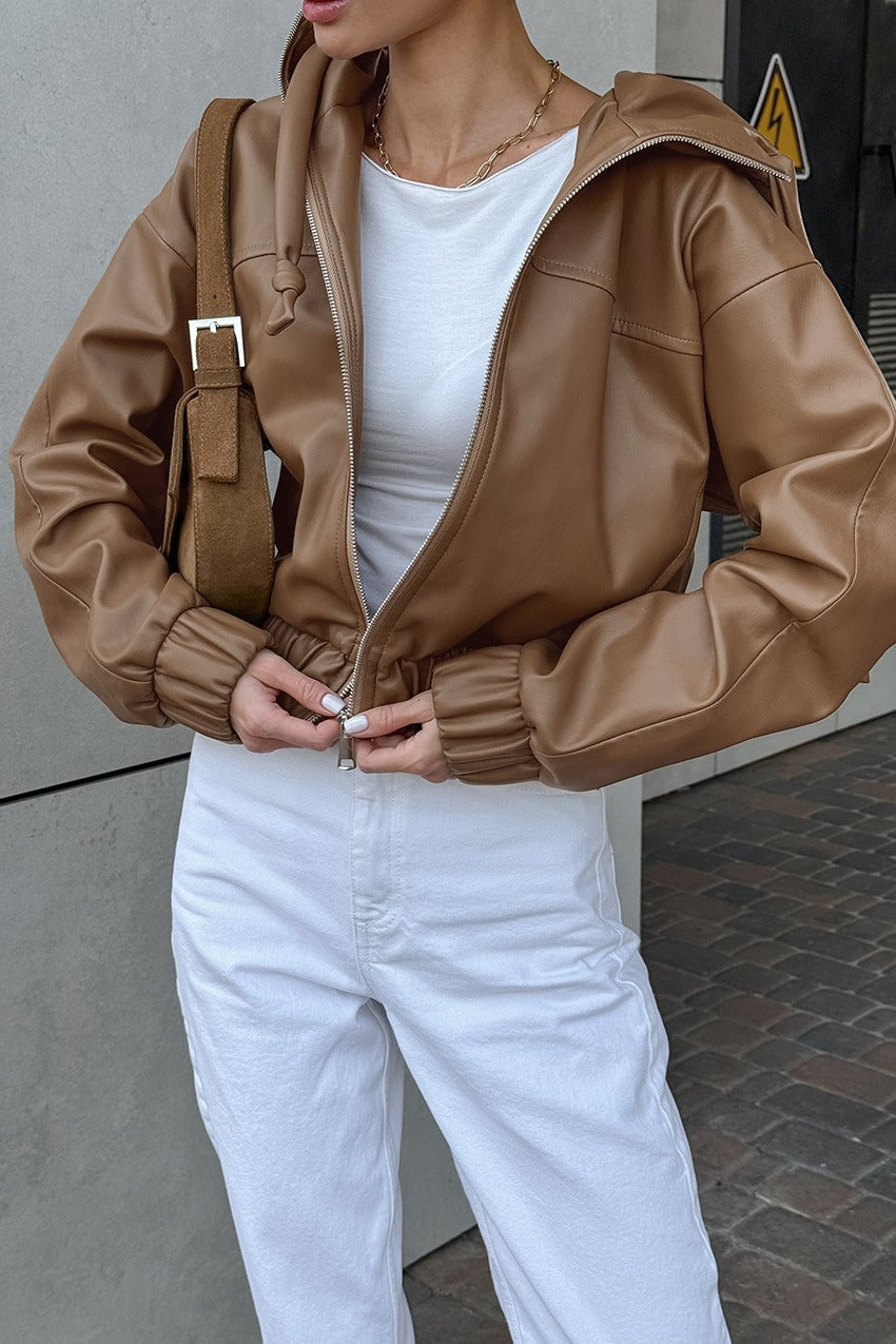 Black Faux Leather Hooded Loose Streetwear Jacket