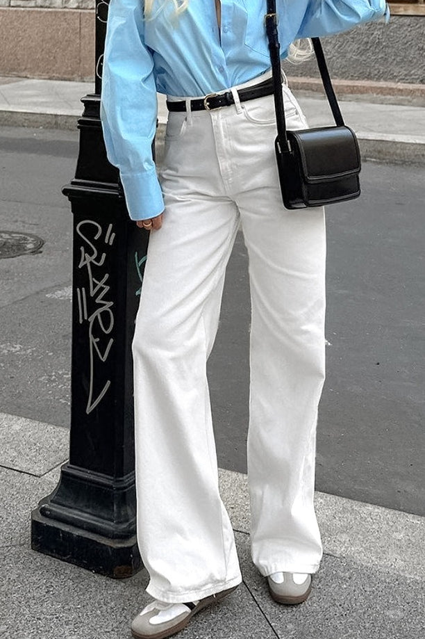 White Cotton Twill High Waisted Straight Leg Jeans