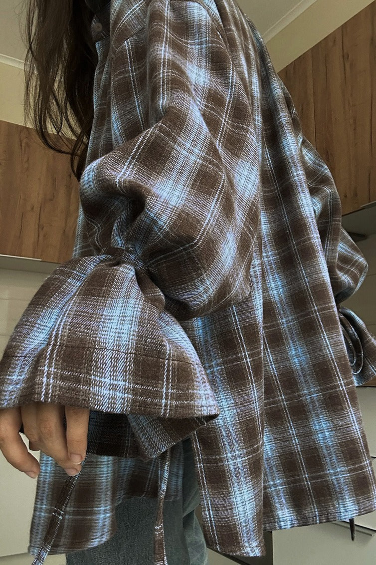 Plaid Tie Waist Long Sleeve Blouse