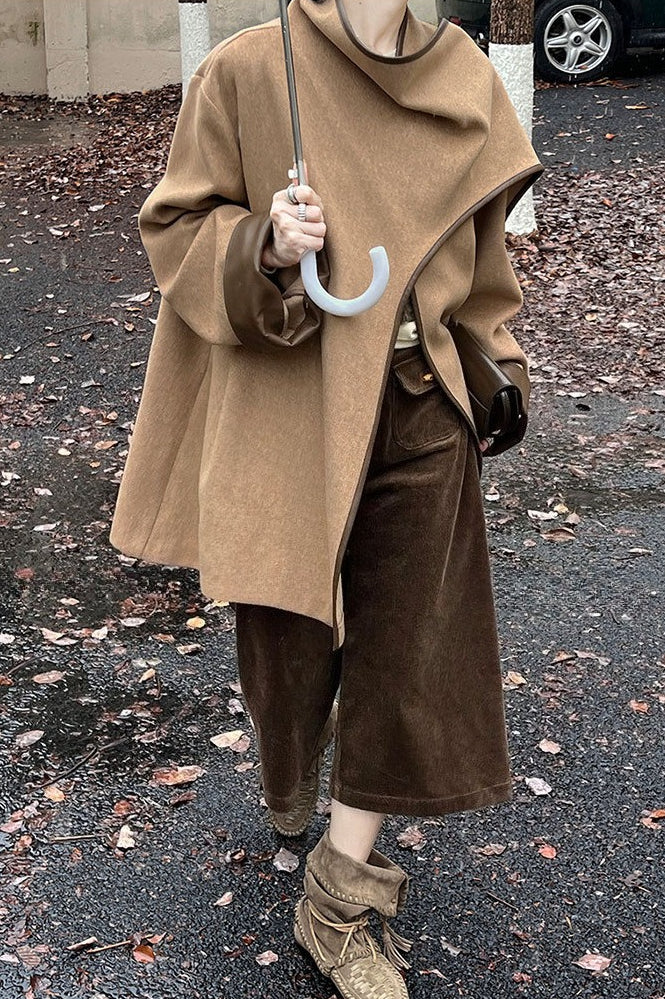 Color Block Cowl Neck Asymmetrical Coat