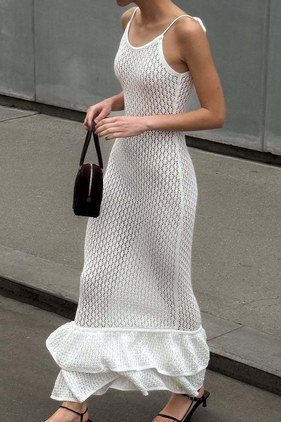 Vestido largo de punto con volantes bohemio, sexy, con recortes y tirantes transparentes