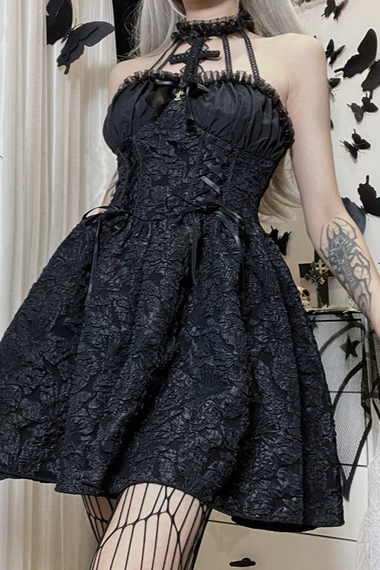 Vestido Gótico Sólido con Halter y Mangas Abullonadas