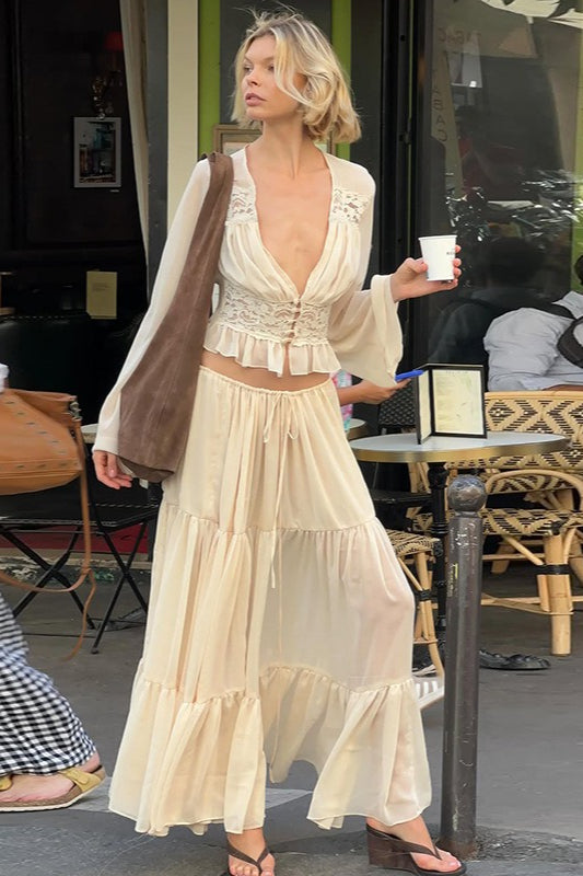 Verführerisches Spitzen-Chiffon-Durchsichtiges Rock-Set mit Bindeband