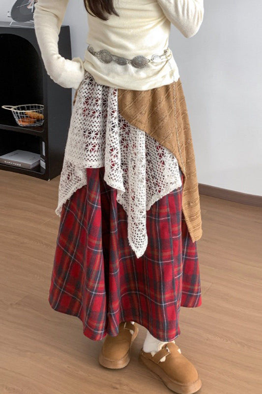 Asymmetric Lace Panel Plaid Skirt