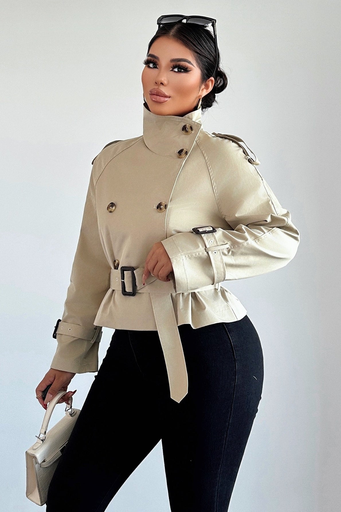Collared Belted Buckle Short Trench Casual Women Jacket