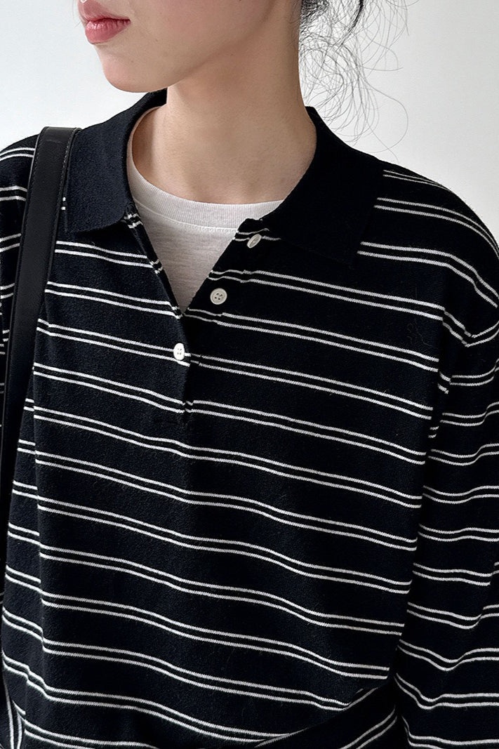 Maglia a maniche lunghe con collo polo a righe in lana morbida