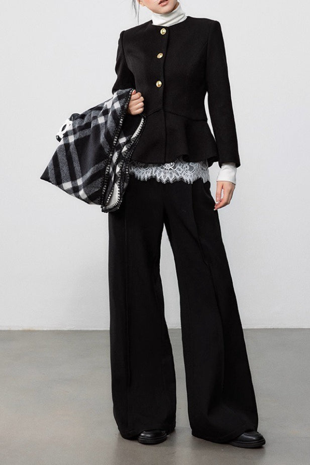 Black Pleated Waist Elegant Wool Coat