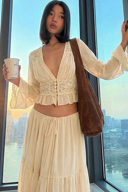 Verführerisches Spitzen-Chiffon-Durchsichtiges Rock-Set mit Bindeband