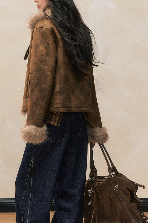 Abrigo de mezcla de lana con ribete de piel sintética marrón