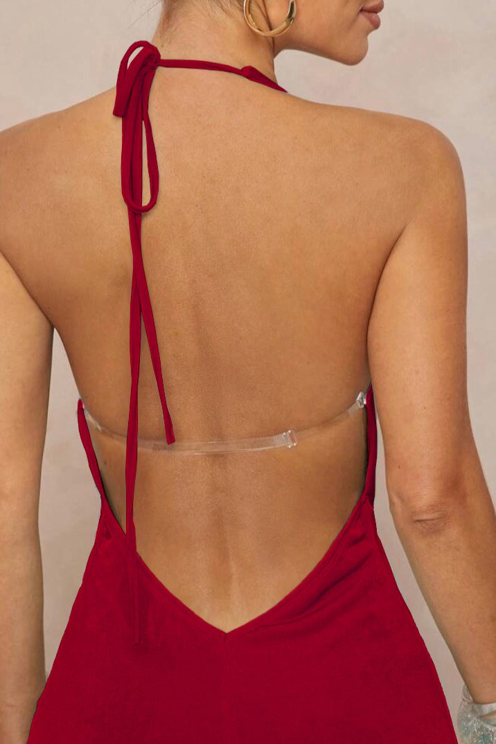 Maxikleid mit tiefem V-Ausschnitt, gerafftem Träger, Metallbesatz und rückenfrei