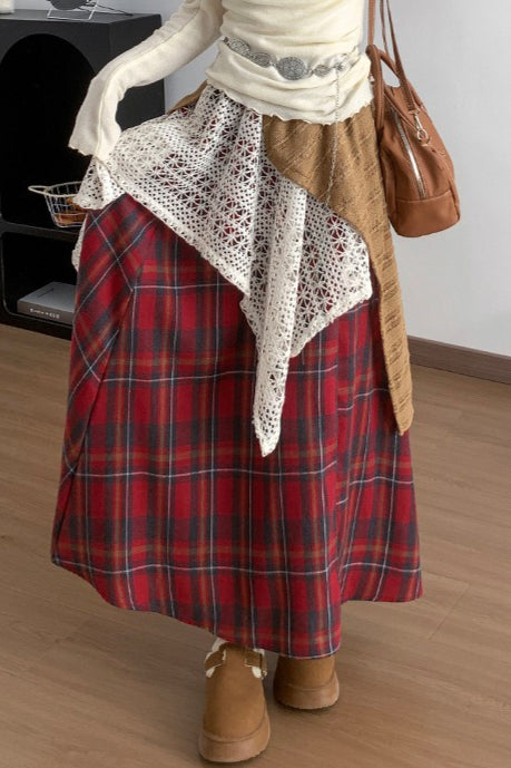 Asymmetric Lace Panel Plaid Skirt