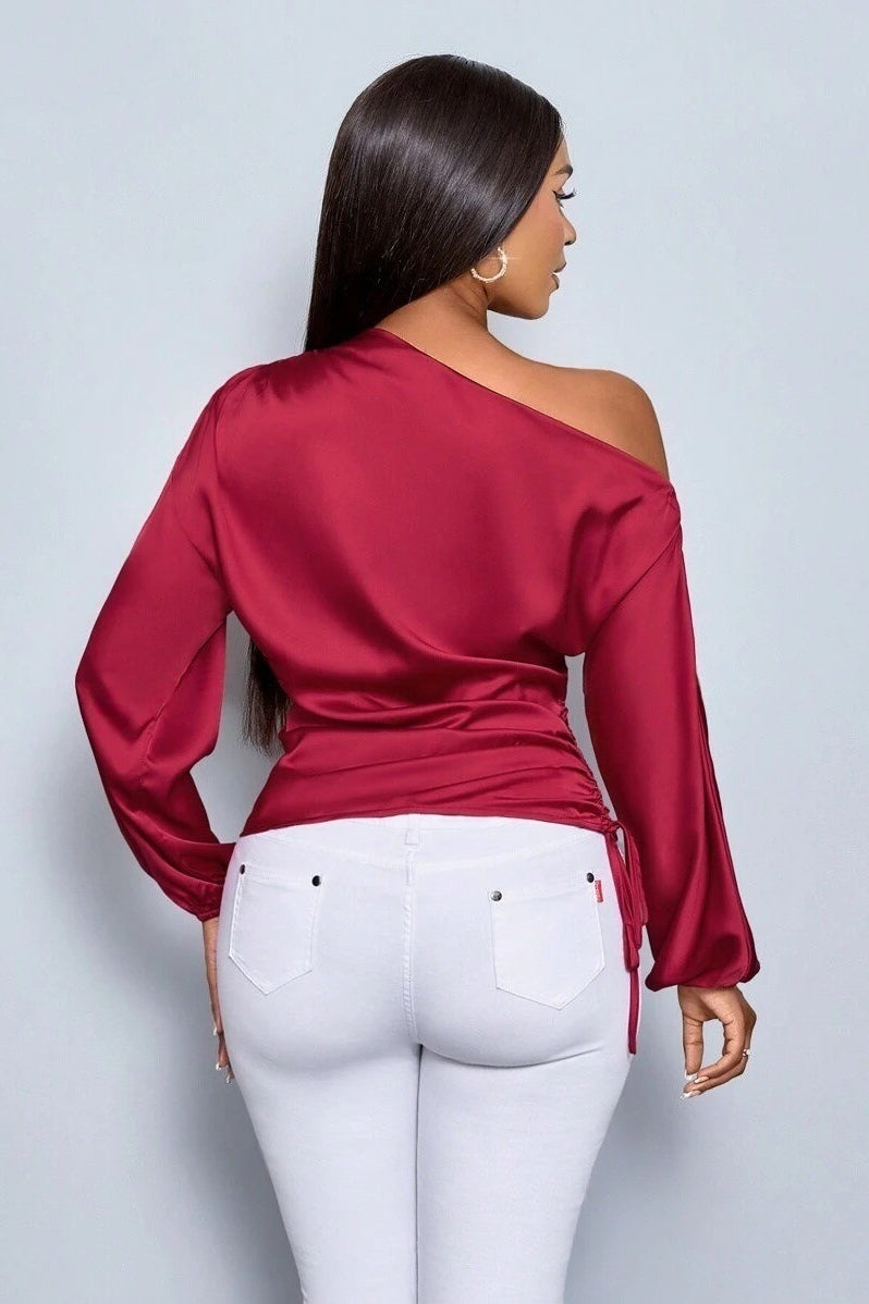 Satin Asymmetric Collar Ruched Waist Long Sleeve Tee