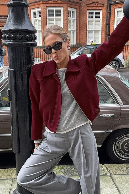 Burgundy Wool Short Casual Collared Retro American Jacket