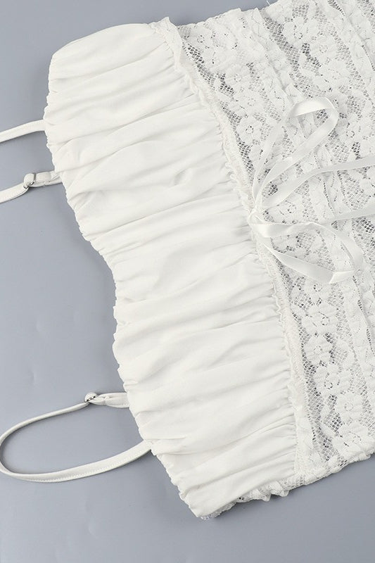 Verführerisches Spitzen-Top mit Schleifen- und Rüschendekor, durchsichtig